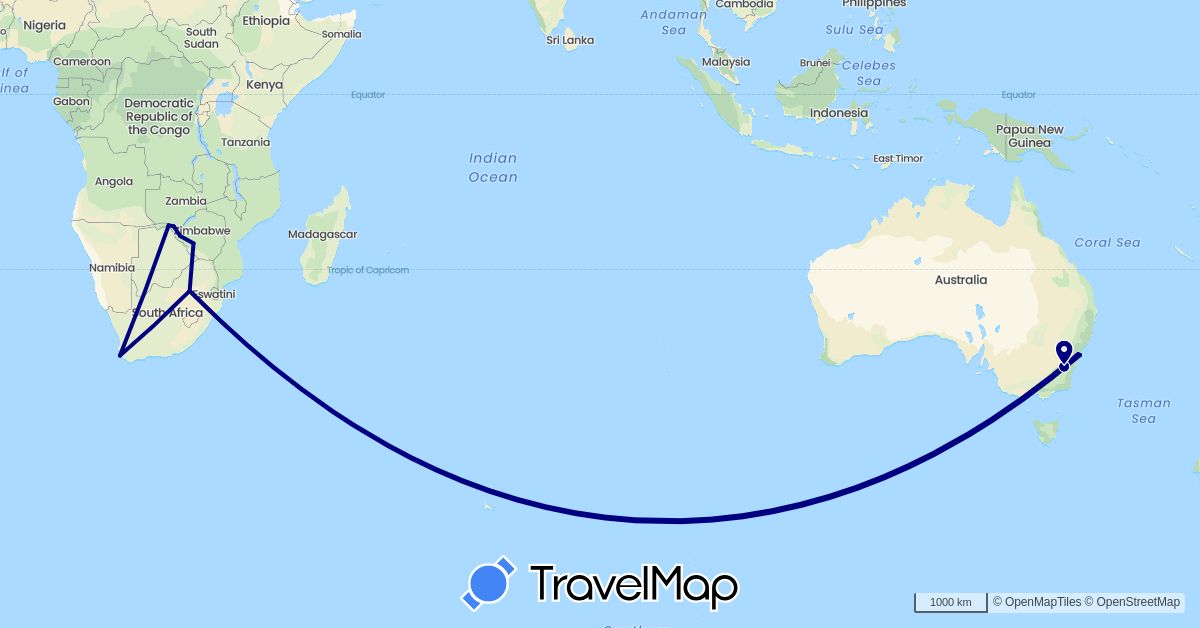 TravelMap itinerary: driving in Australia, Botswana, South Africa, Zimbabwe (Africa, Oceania)